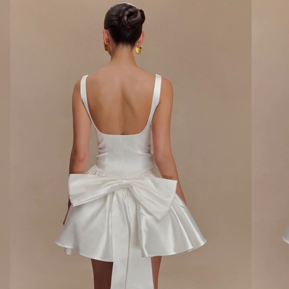 Felicia Satin Mini Dress With Bow - White - Picture 2 of 5